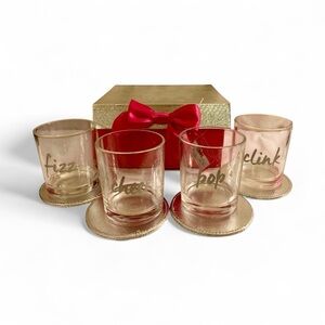 NEW! 4 Boxed Set ULTA BEAUTY HOLIDAY PARTY GLASSES & SILVER COASTERS GIFT 3.5"